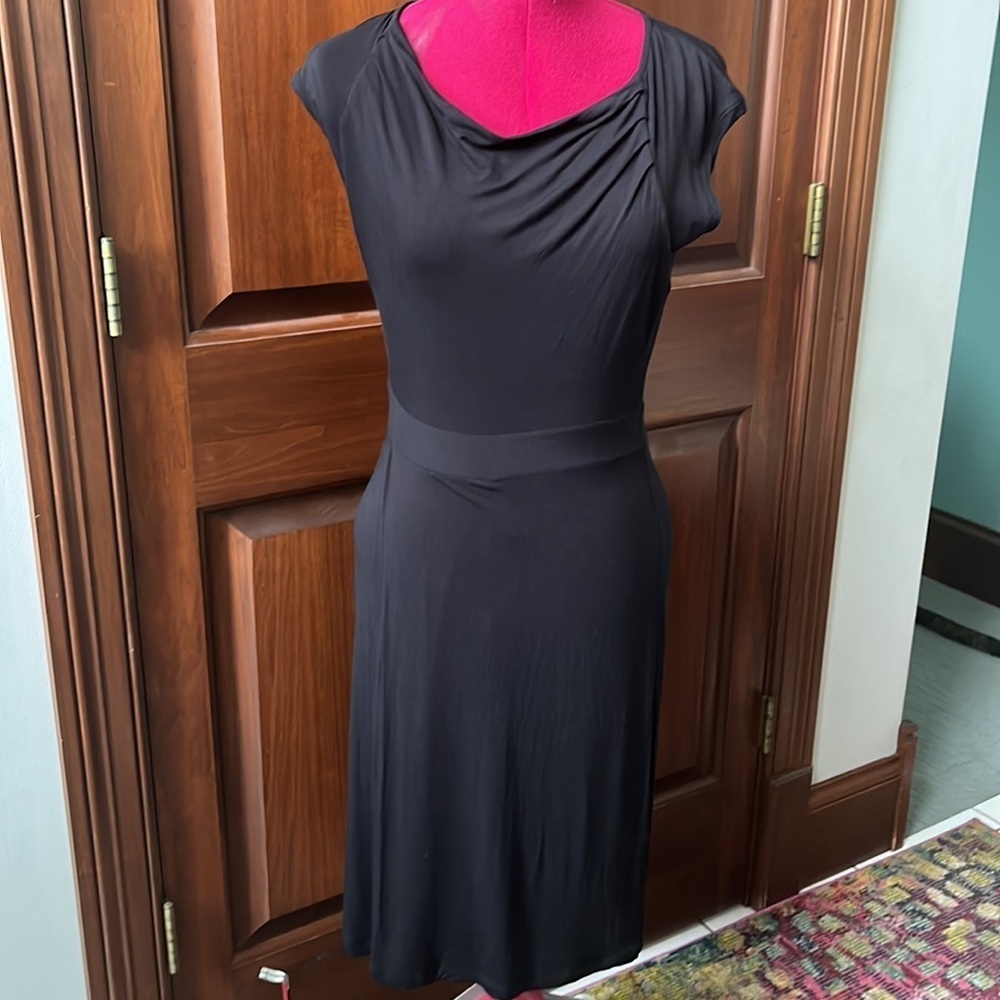 Cabi Dress asymmetrical Cowl Neck Pleated Front Black stretch Beautiful Sz. XS